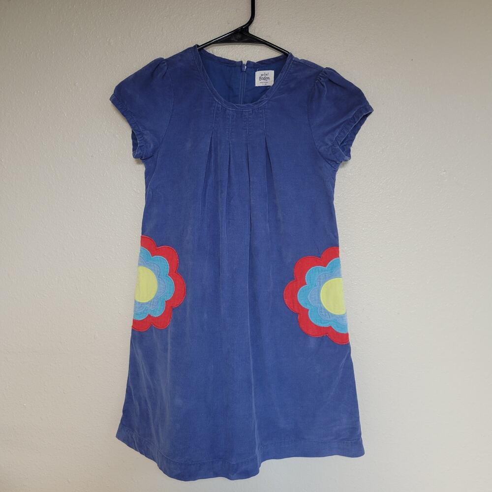 Mini Boden Girl's Corduroy Dress 9-10Y Blue Flower Applique Short Sleeve Pockets